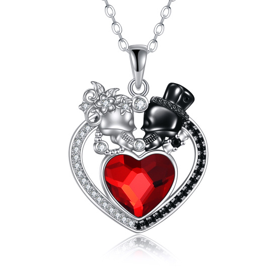 Sterling Silver Two-tone Crystal & Cubic Zirconia Heart & Skull Pendant Necklace