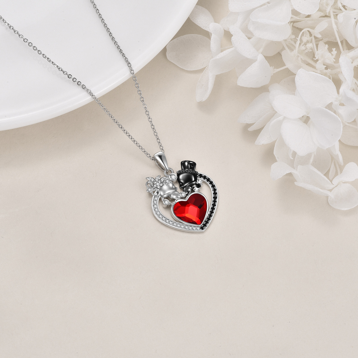 Sterling Silver Two-Tone Heart Crystal Cubic Zirconia Skull Pendant Necklace For Unisex-4