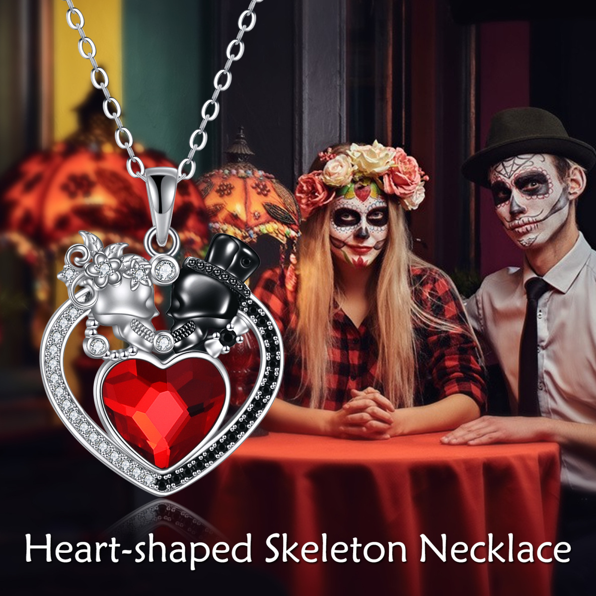 Sterling Silver Two-Tone Heart Crystal Cubic Zirconia Skull Pendant Necklace For Unisex-5