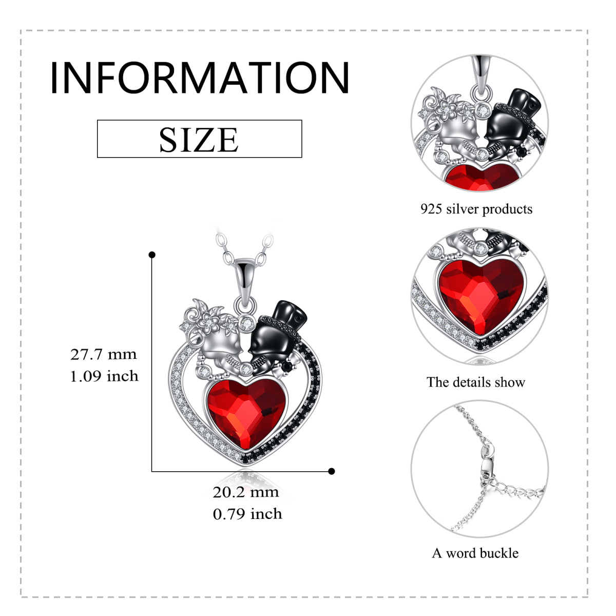 Sterling Silver Two-Tone Heart Crystal Cubic Zirconia Skull Pendant Necklace For Unisex-6