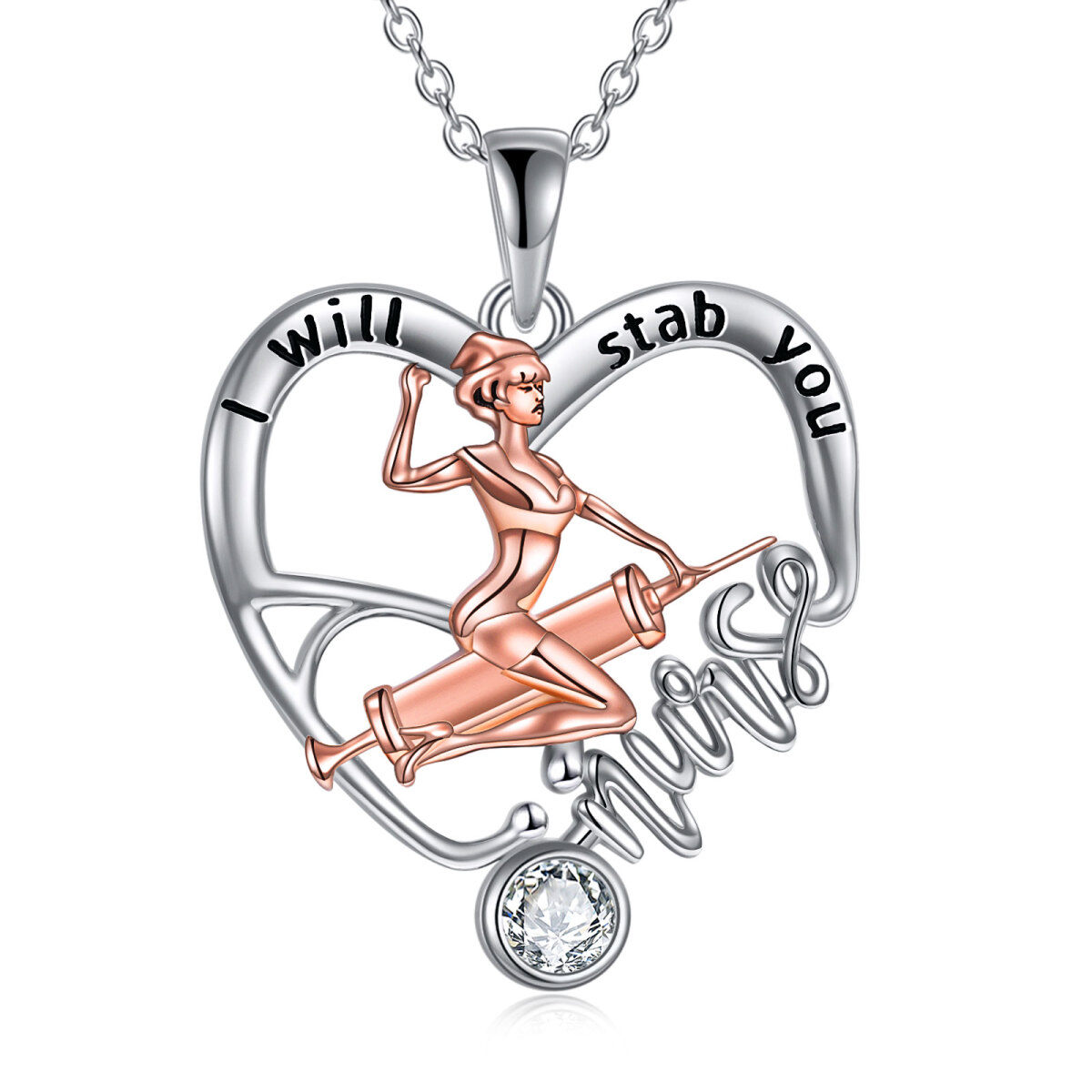 Sterling Silver Two-tone Crystal & Cubic Zirconia Heart & Stethoscope Pendant Necklace with Engraved Word-1