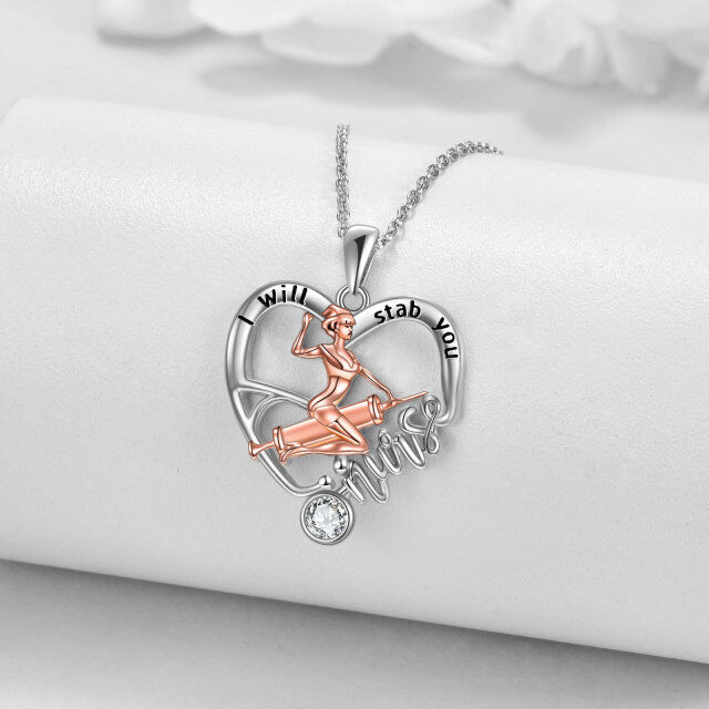 Sterling Silver Two-tone Crystal & Cubic Zirconia Heart & Stethoscope Pendant Necklace with Engraved Word-3