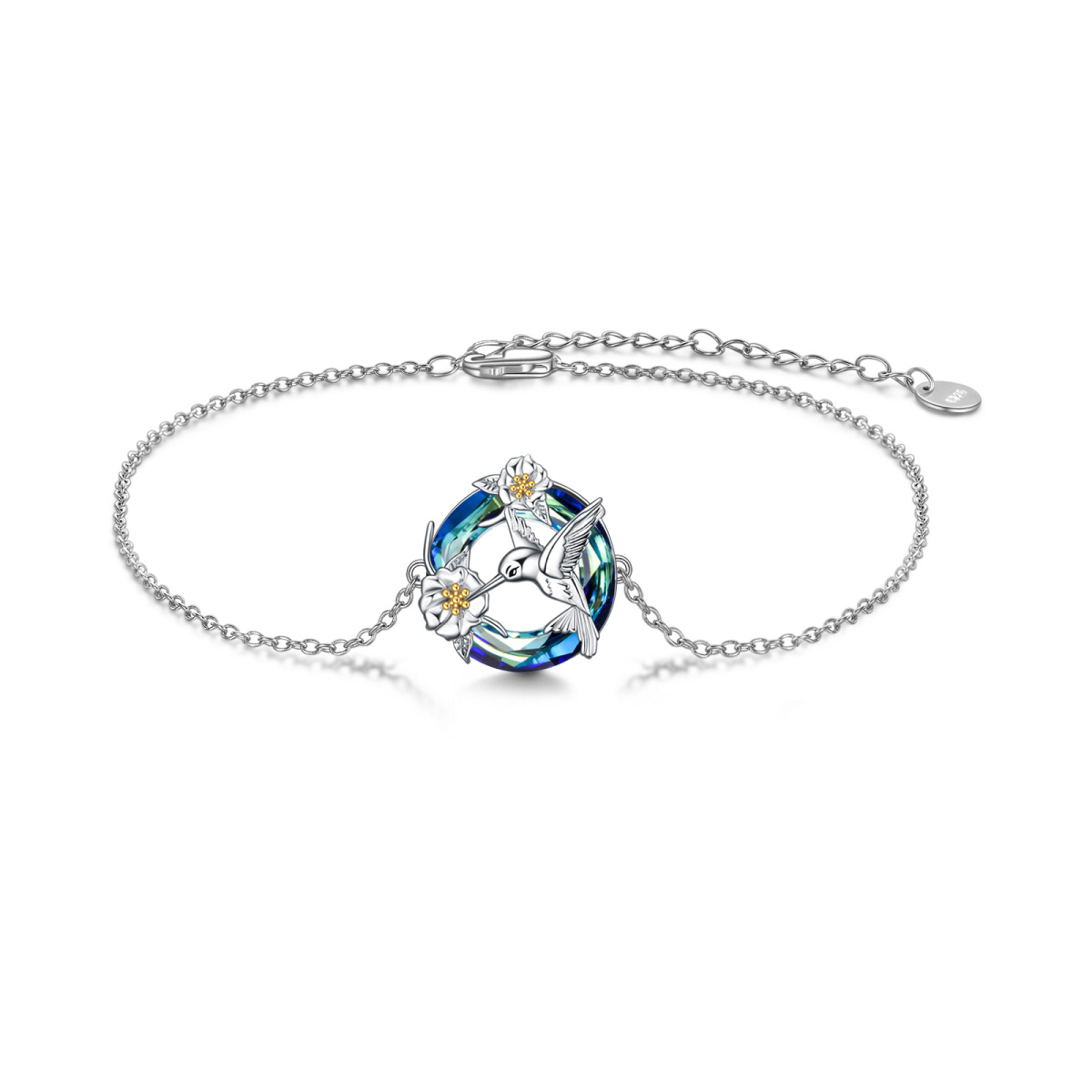 Sterling Silver Two-tone Crystal Hummingbird Pendant Bracelet-1