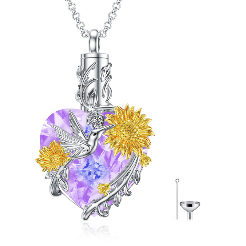 Sterling Silver Two-tone Crystal Hummingbird & Sunflower Urn Necklace for Ashes-9