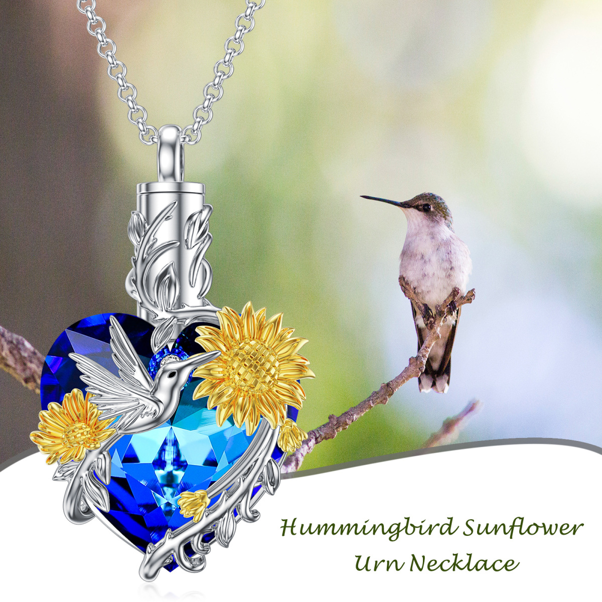 Collana con urna per le ceneri in argento sterling e cristallo bicolore con colibrì e girasole-3