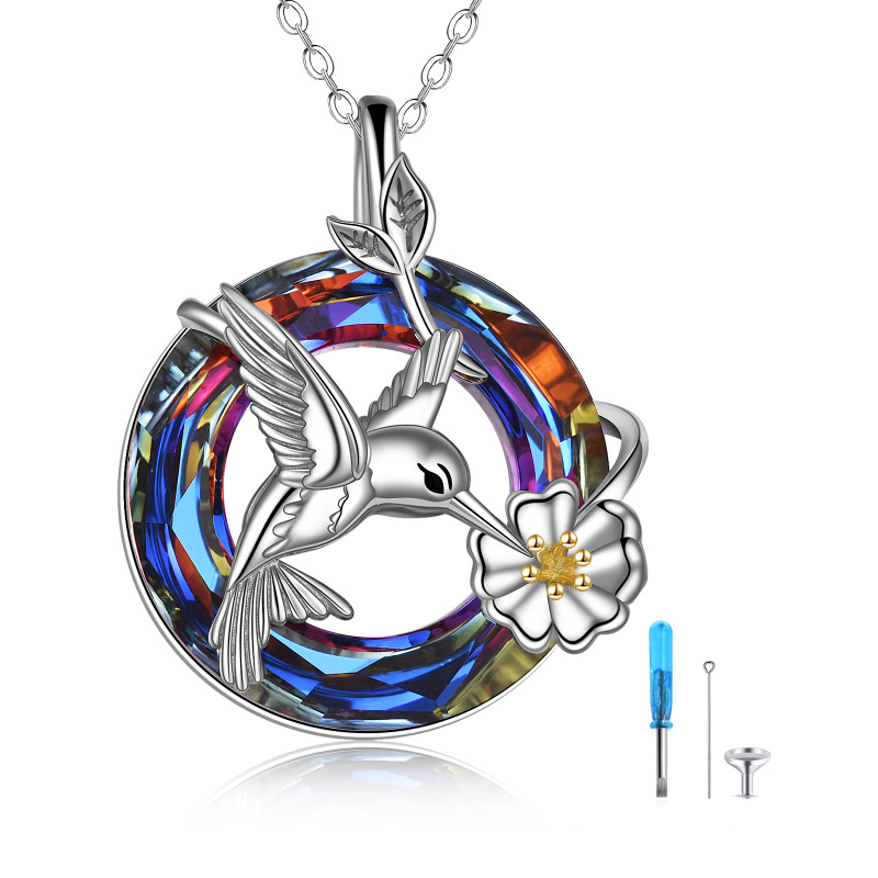 Sterling Silver Two-tone Crystal Hummingbird Urn Necklace for Ashes-5