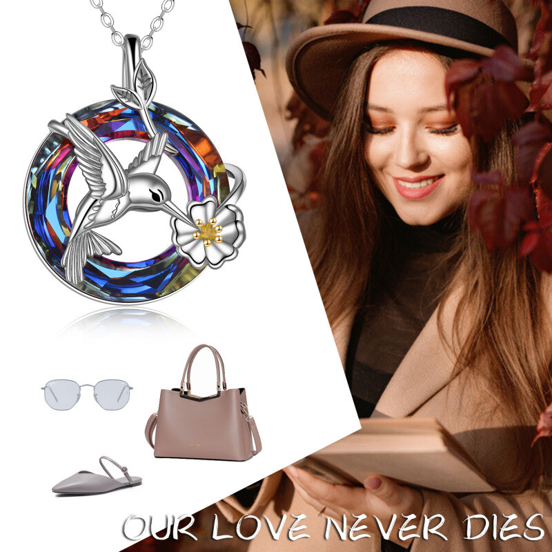 Sterling Silver Two-tone Crystal Hummingbird Urn Necklace for Ashes-6