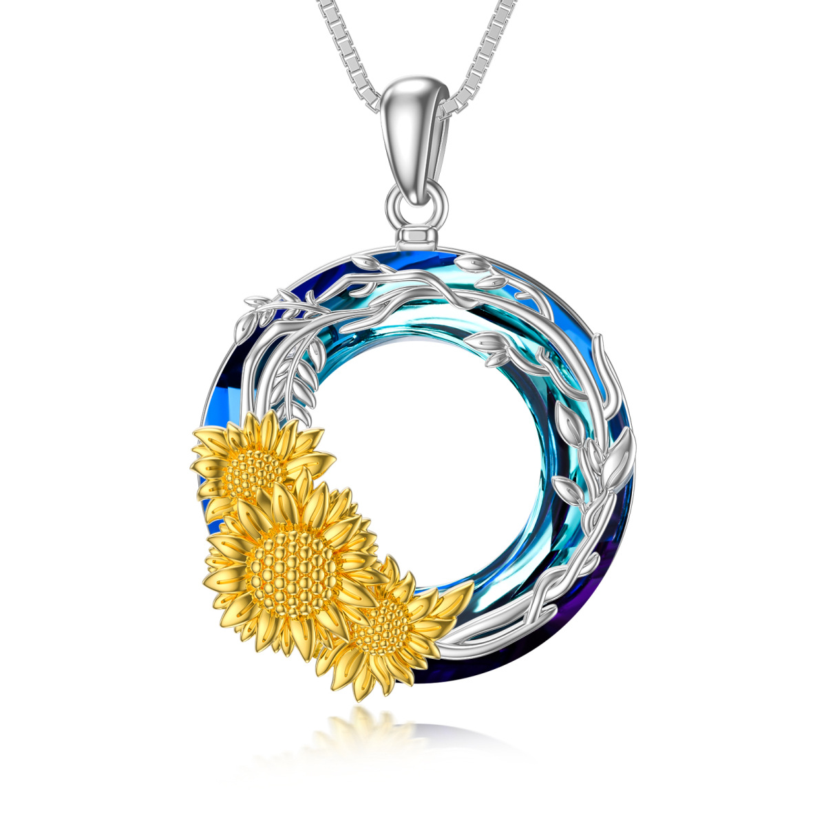 Sterling Silver Two-tone Crystal Ivy & Sunflower Pendant Necklace-1