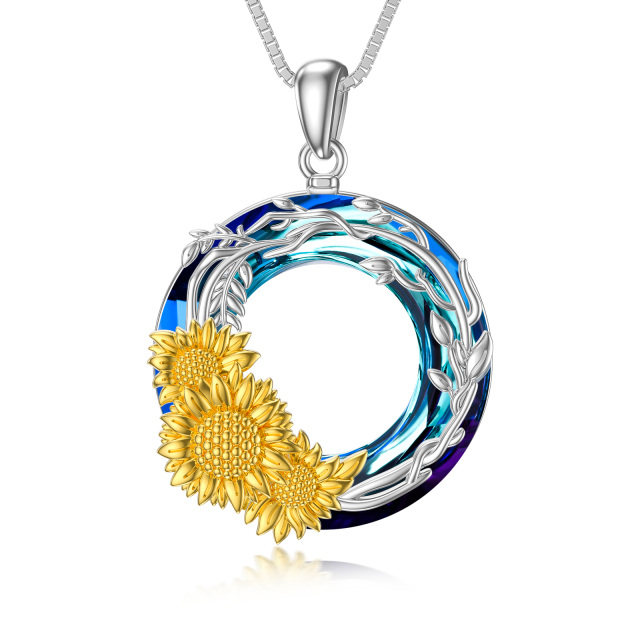 Sterling Silver Two-tone Crystal Ivy & Sunflower Pendant Necklace-1