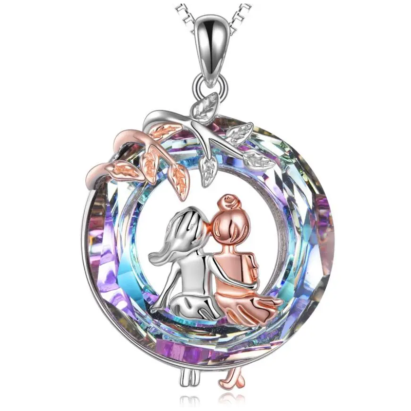 Sterling Silver Two-tone Crystal Leaves & Sisters Crystal Pendant Necklace for Women-18