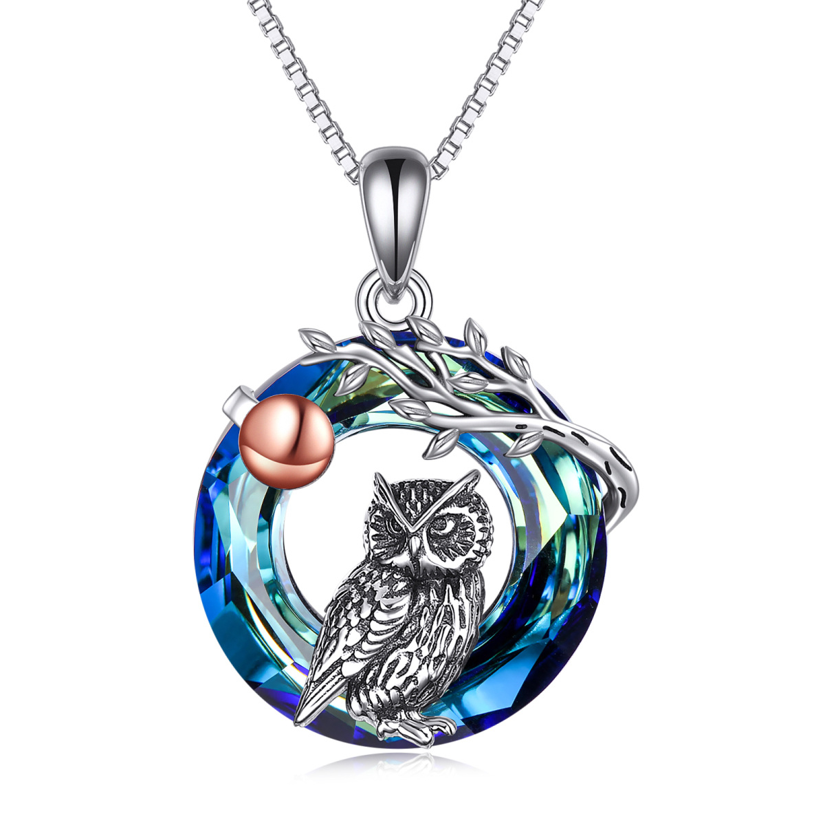 Collier à pendentif cercle hibou en cristal bicolore en argent sterling-1