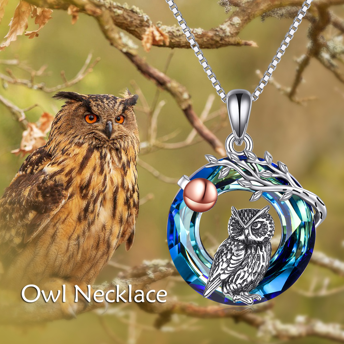 Sterling Silver Two-tone Crystal Owl & Circle Pendant Necklace-5