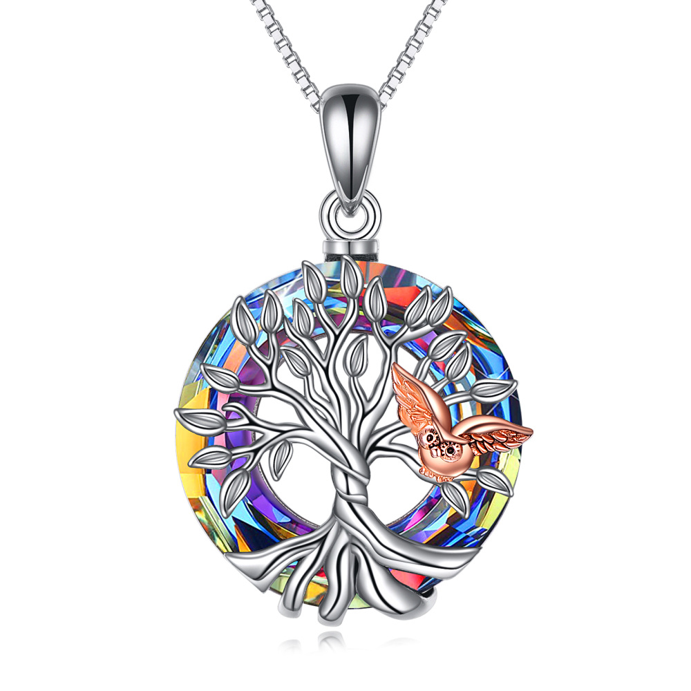 Sterling Silver Two-tone Owl & Tree Of Life Circle Crystal Necklace for Women-1