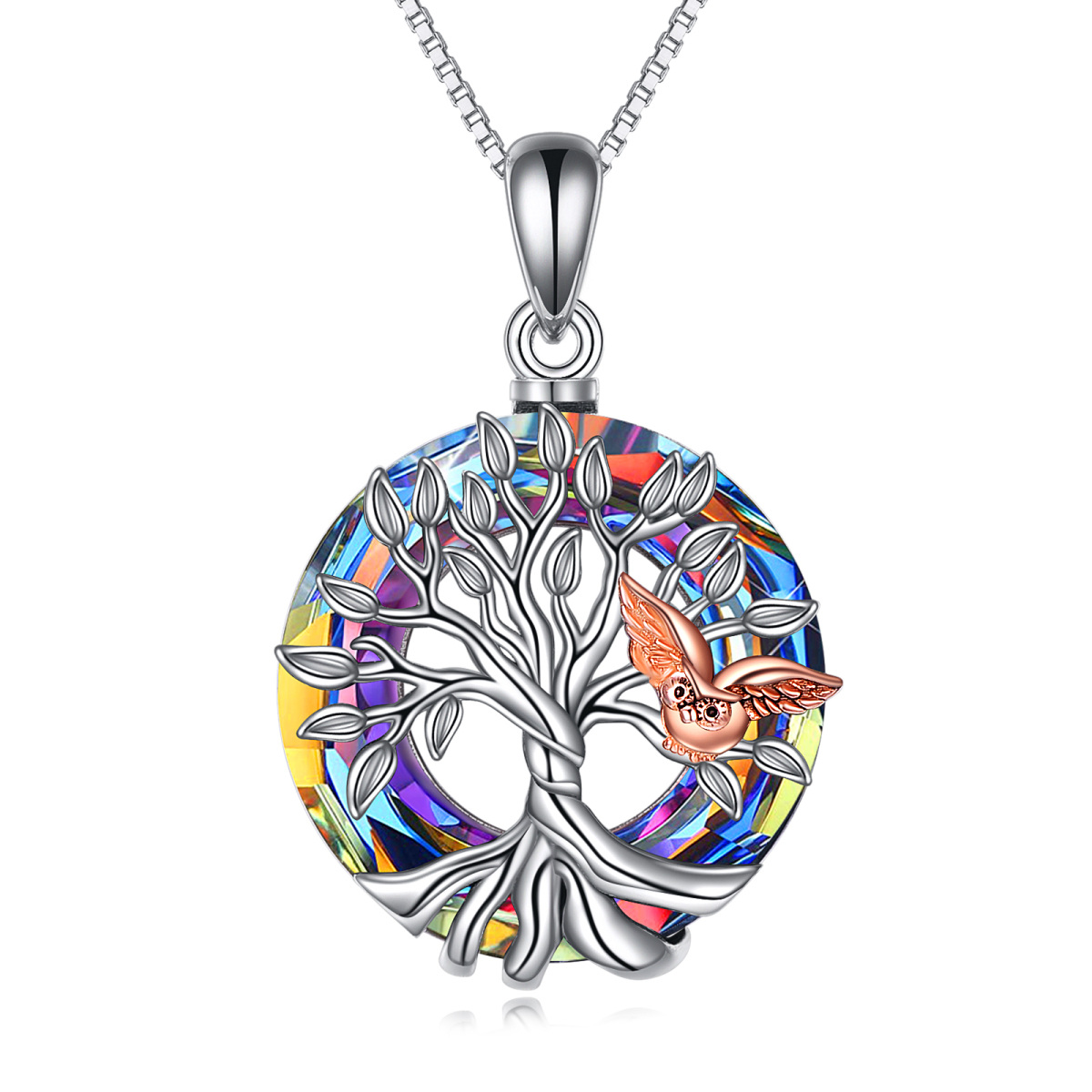 Sterling Silver Two-tone Crystal Owl & Tree Of Life Pendant Necklace-1