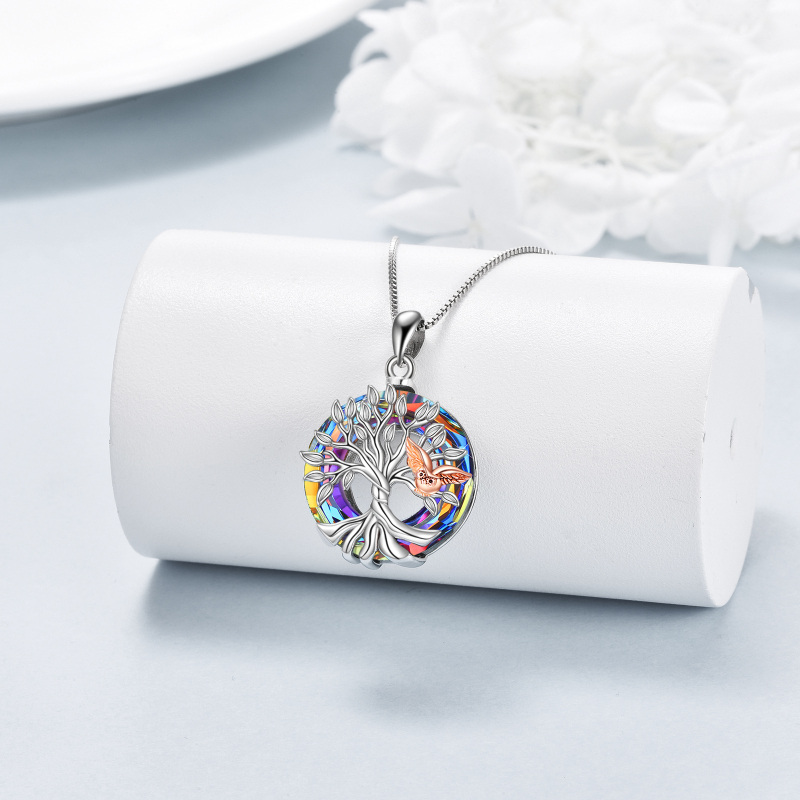 Sterling Silver Two-tone Owl & Tree Of Life Circle Crystal Necklace for Women-3