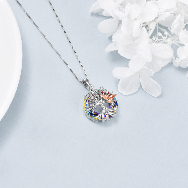 Sterling Silver Two-tone Owl & Tree Of Life Circle Crystal Necklace for Women-4