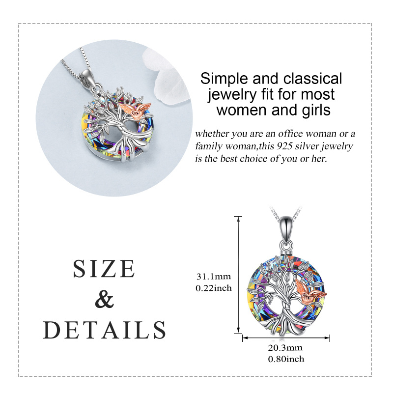 Sterling Silver Two-tone Owl & Tree Of Life Circle Crystal Necklace for Women-5