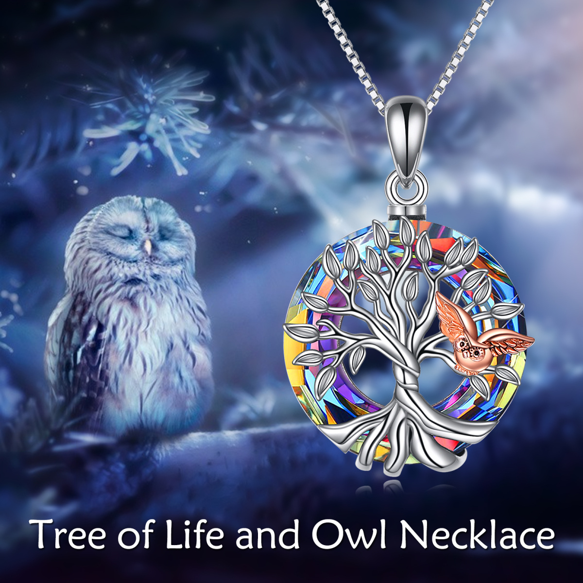 Sterling Silver Two-tone Crystal Owl & Tree Of Life Pendant Necklace-6