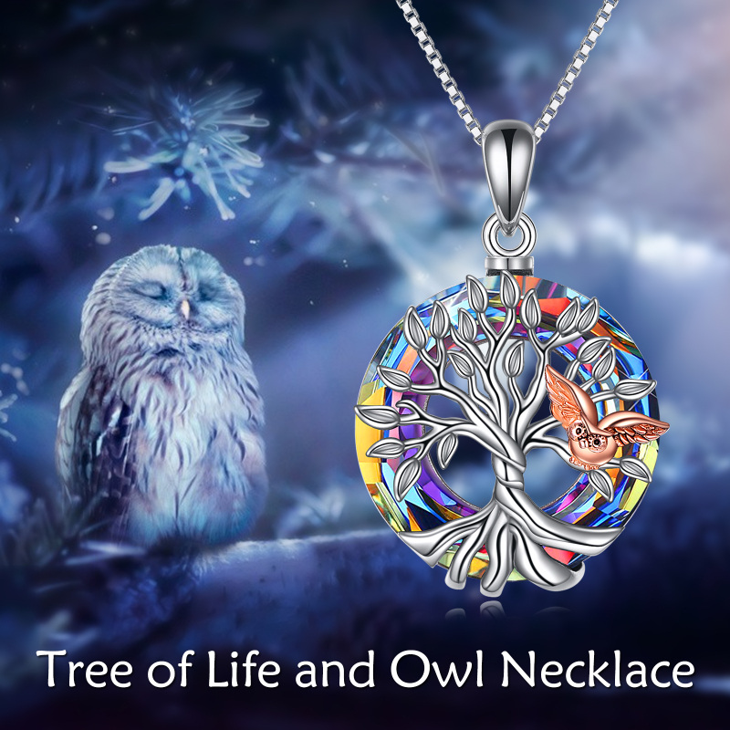 Sterling Silver Two-tone Owl & Tree Of Life Circle Crystal Necklace for Women-6