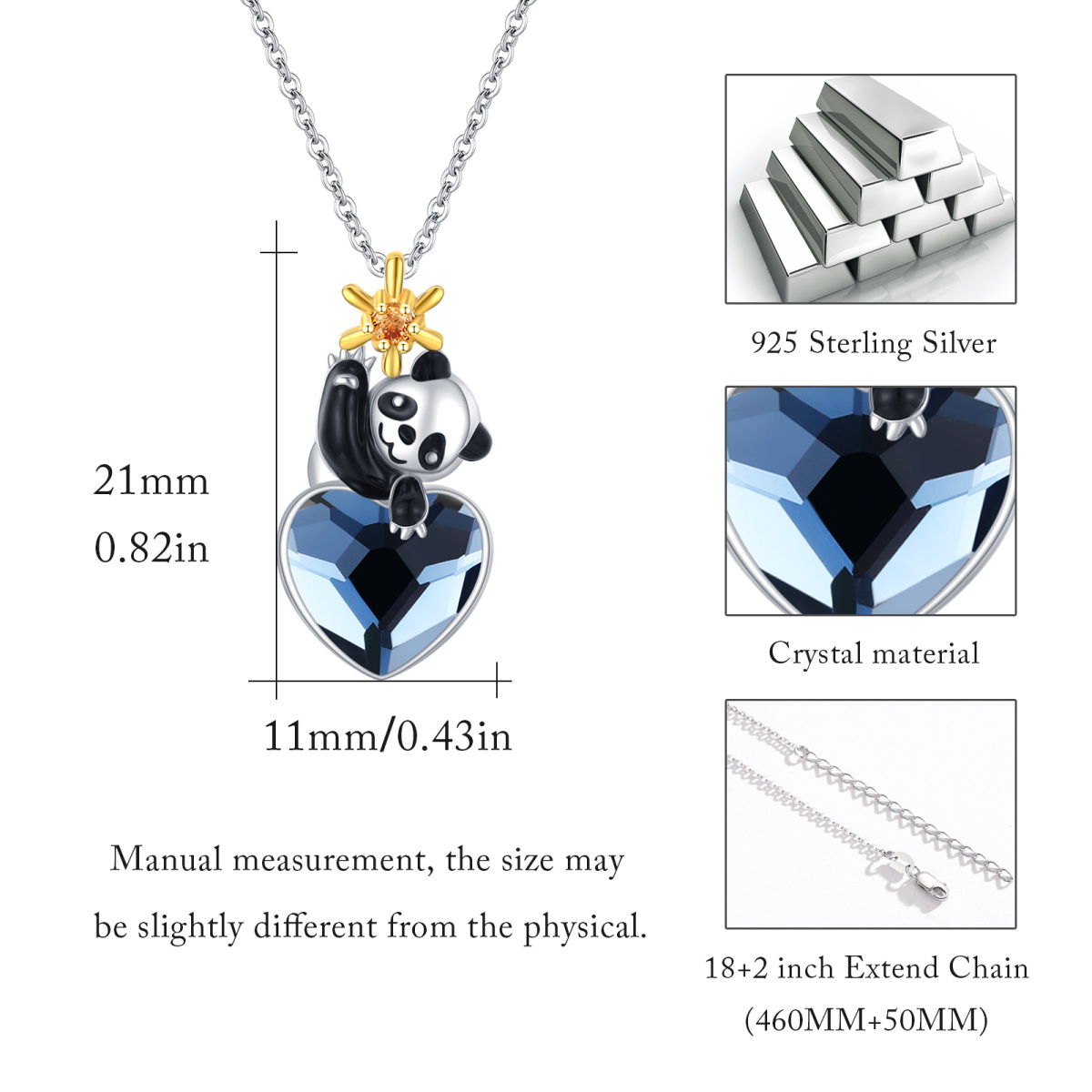 Collana con ciondolo a forma di cuore di panda in cristallo e argento sterling-4