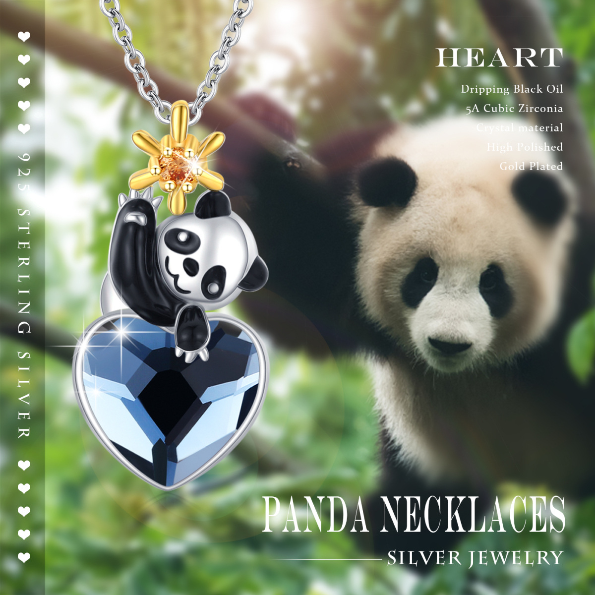 Sterling Silver Two-tone Crystal Panda & Heart Pendant Necklace-5