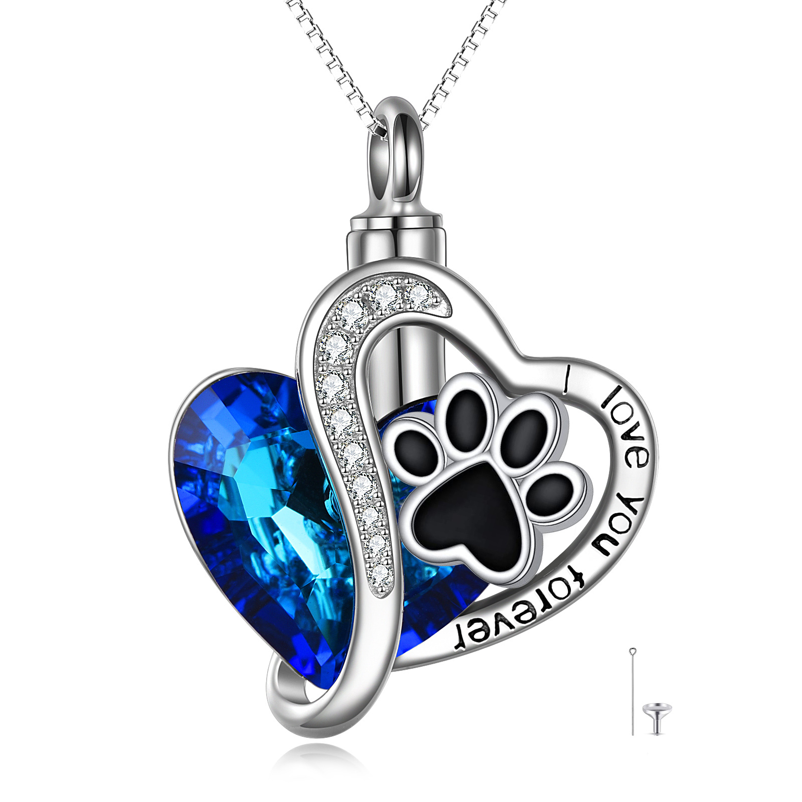 Image of Sterling Silver Two-tone Crystal Paw & Heart Urn Necklace for Ashes