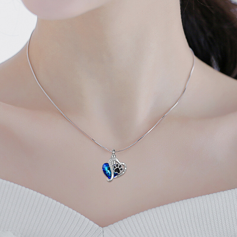 Sterling Silver Two-tone Crystal Paw & Heart Urn Necklace for Ashes-2