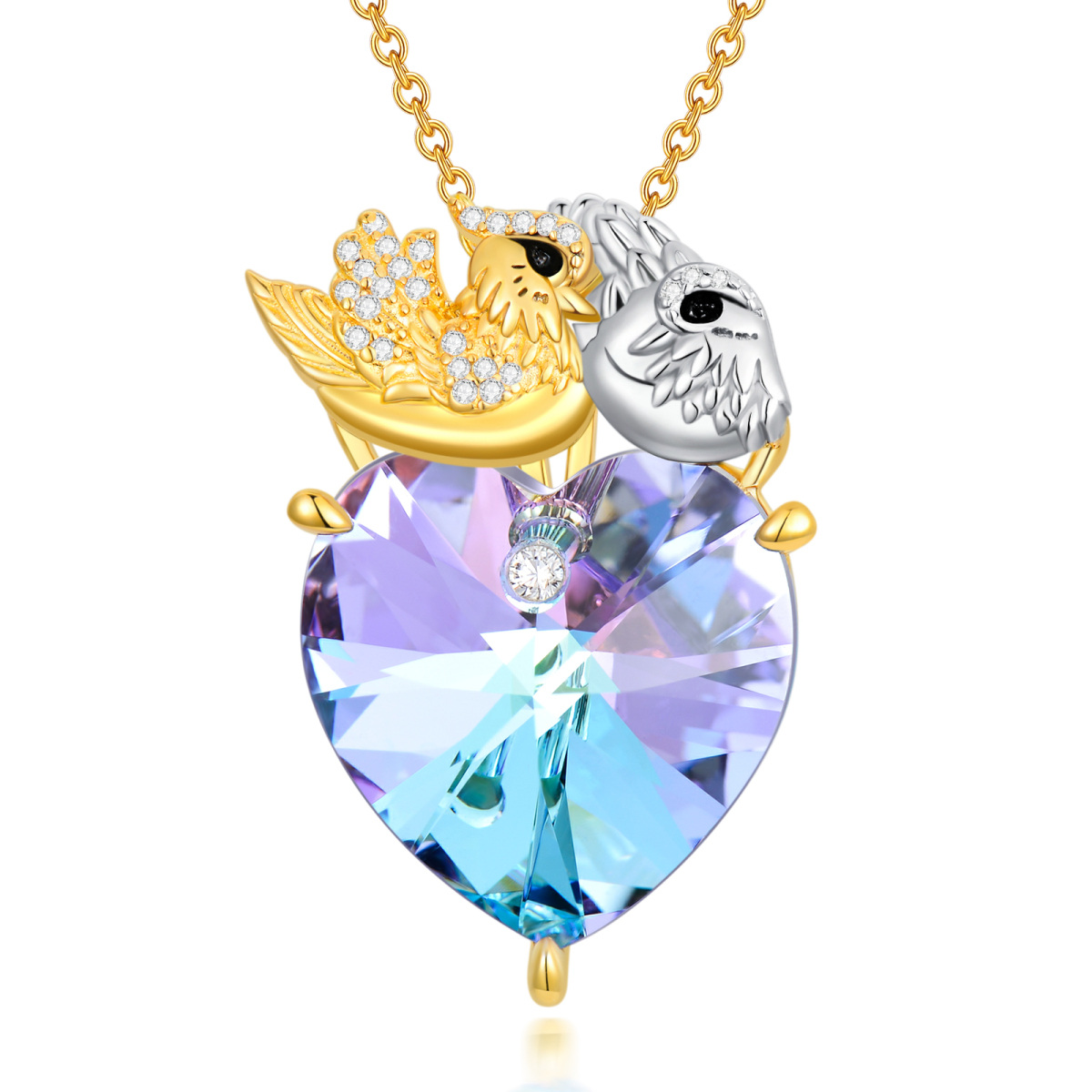 Sterling Silver Two-tone Crystal Personalized Birthstone Bird Heart Necklace for Women-1