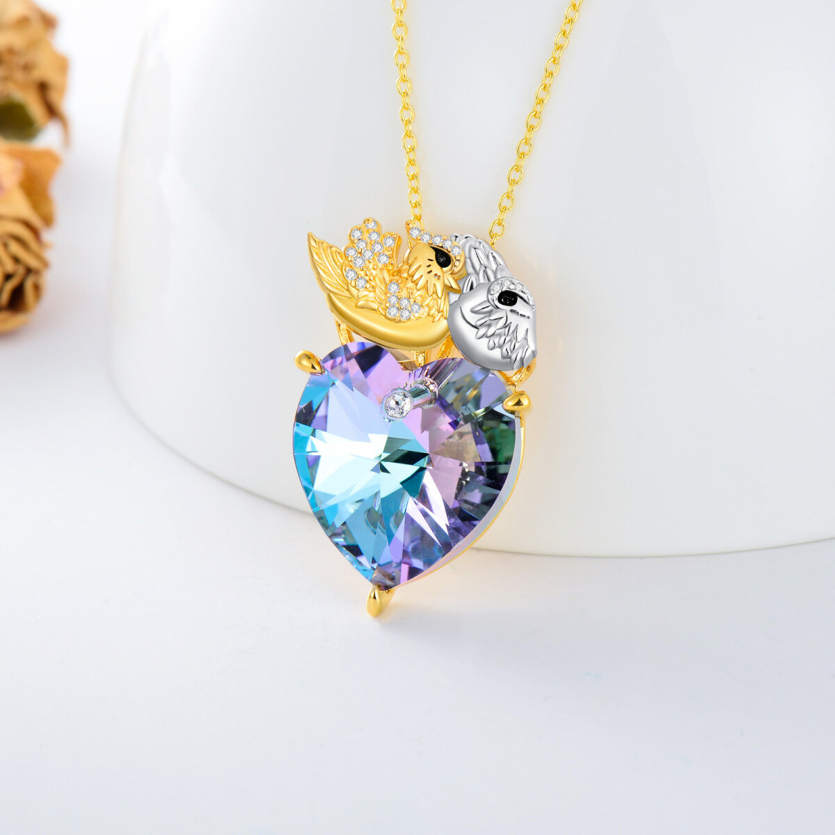 Sterling Silver Two-tone Crystal Personalized Birthstone Bird Heart Necklace for Women-3