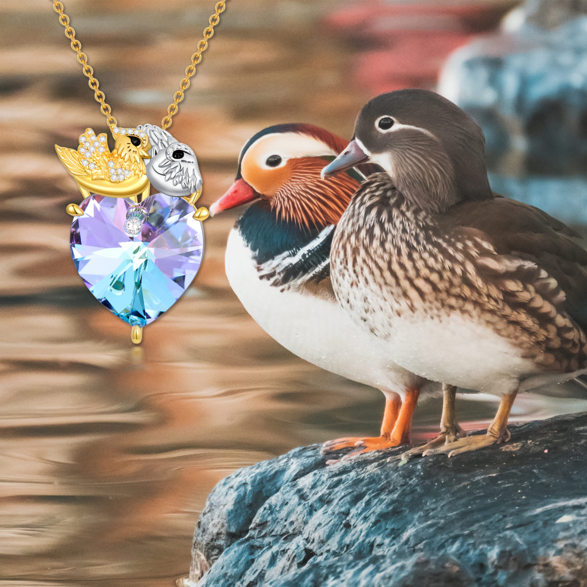 Collar de plata de ley con corazón de pájaro y piedra natal personalizada con cristales de dos tonos para mujer-5