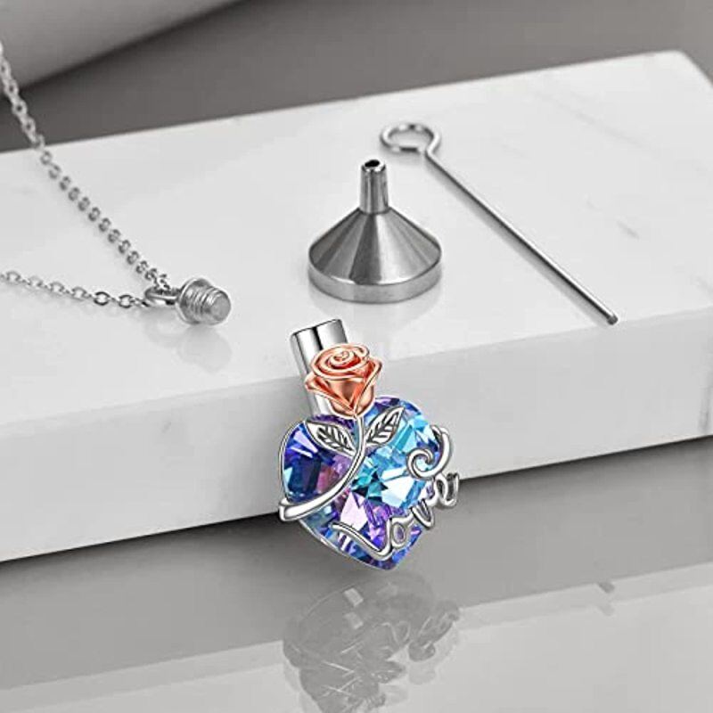 Sterling Silber zweifarbig Kristall Rose & Herz Urnenkette-5