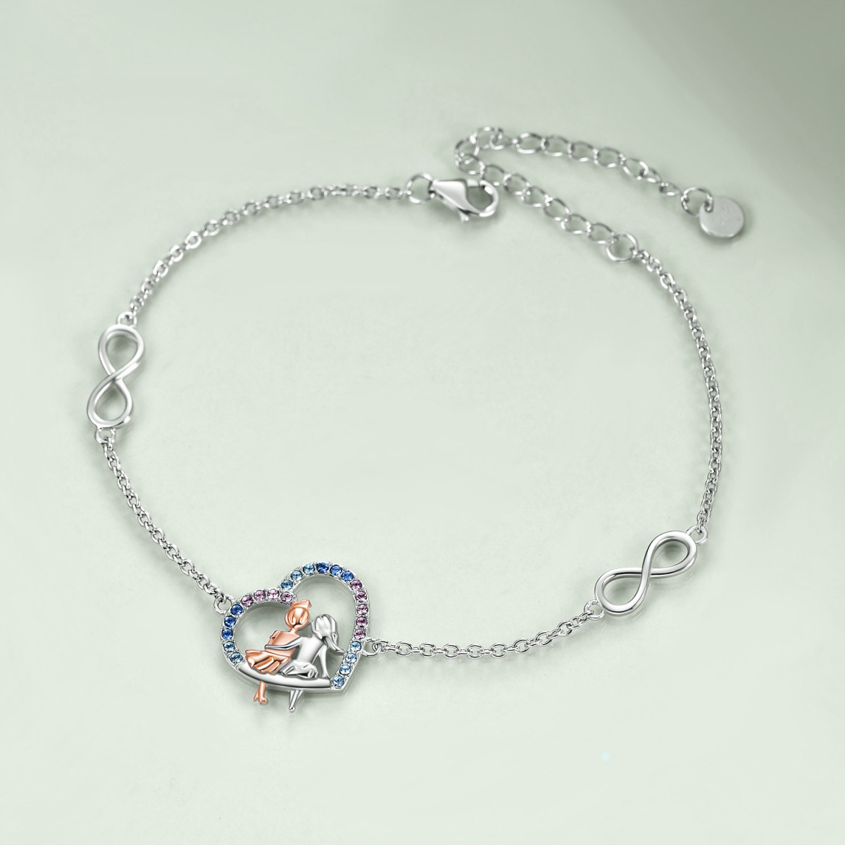 Pulsera de plata de ley de dos tonos de cristal de las hermanas y el corazón y el símbolo-5