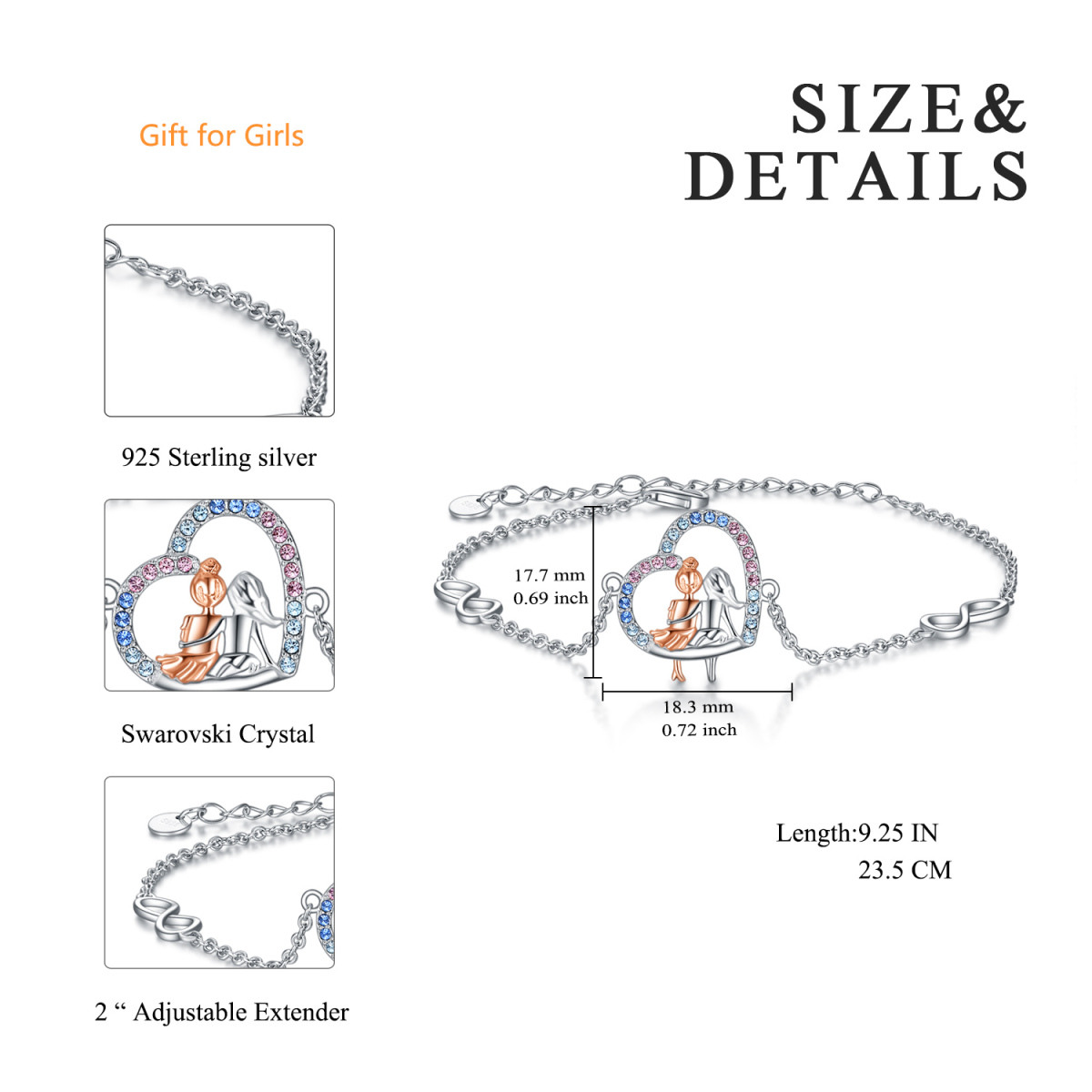 Sterling Silver Two-tone Crystal Sisters & Heart & Infinity Symbol Pendant Bracelet-6