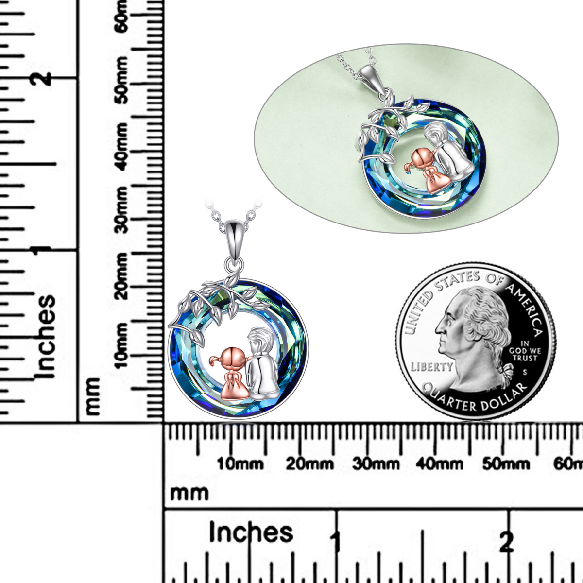 Zweifarbige Halskette „Crystal Sisters“ aus Sterlingsilber mit Herzanhänger und eingraviertem Wort-6