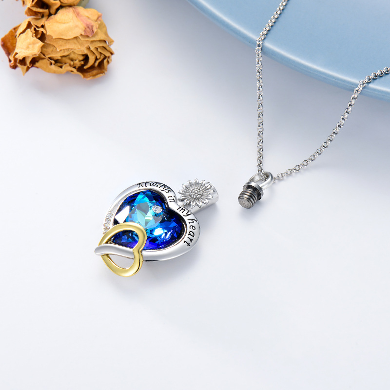 Sterling Silber zweifarbig Kristall Sonnenblume & Herz Urne Halskette für Asche-3