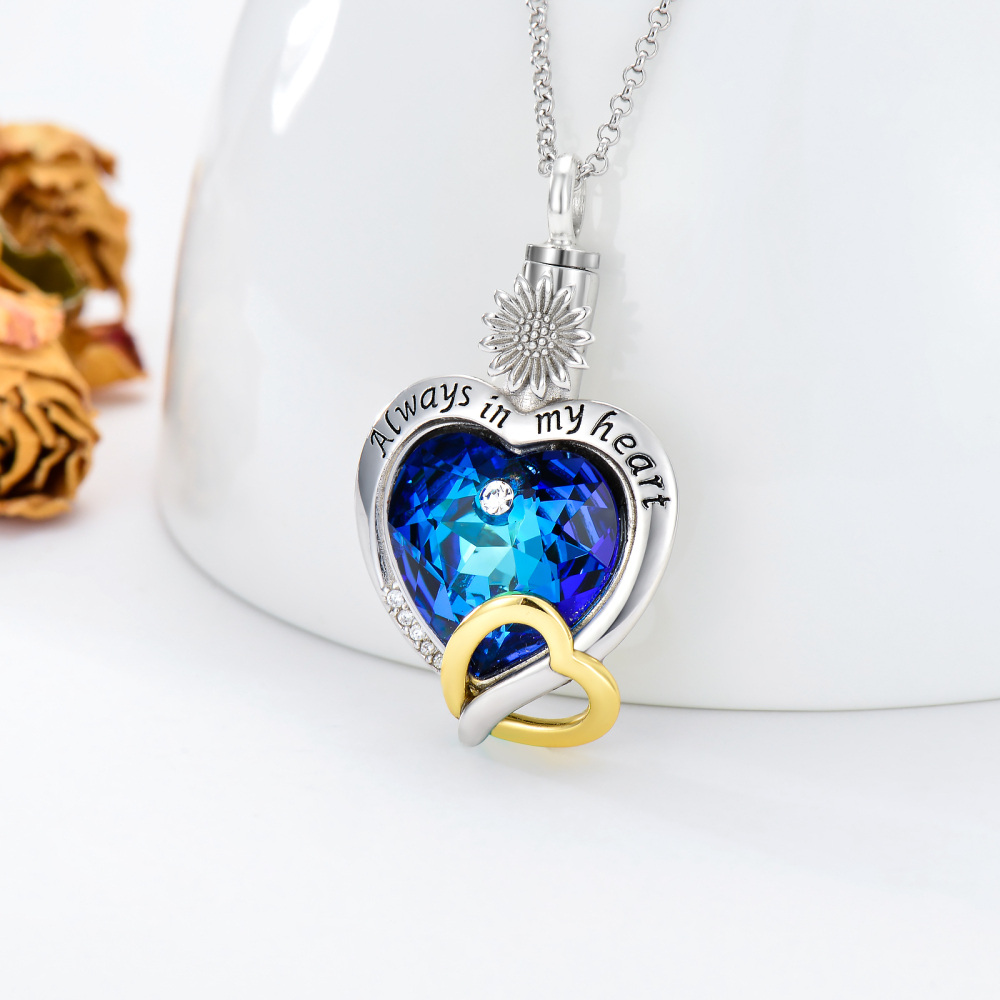 Sterling Silver Two-tone Crystal Sunflower & Heart Urn Necklace for Ashes-4