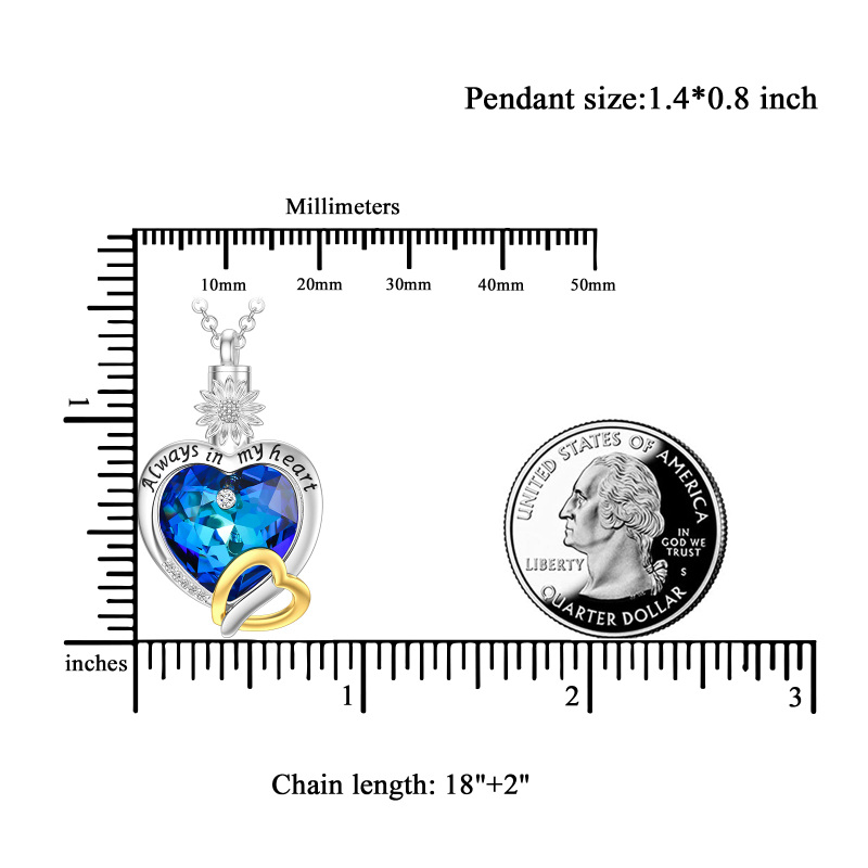 Sterling Silber zweifarbig Kristall Sonnenblume & Herz Urne Halskette für Asche-5
