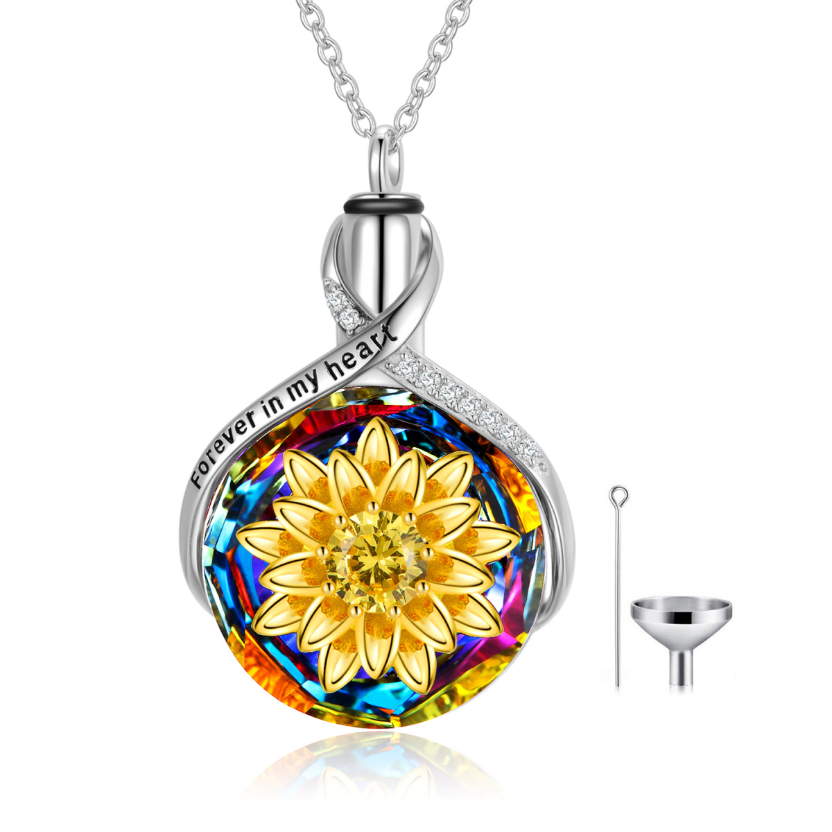 Sterling Silber zweifarbig Kristall Sonnenblume & Infinity Symbol Urne Halskette für Asche mit eingraviertem Wort-1