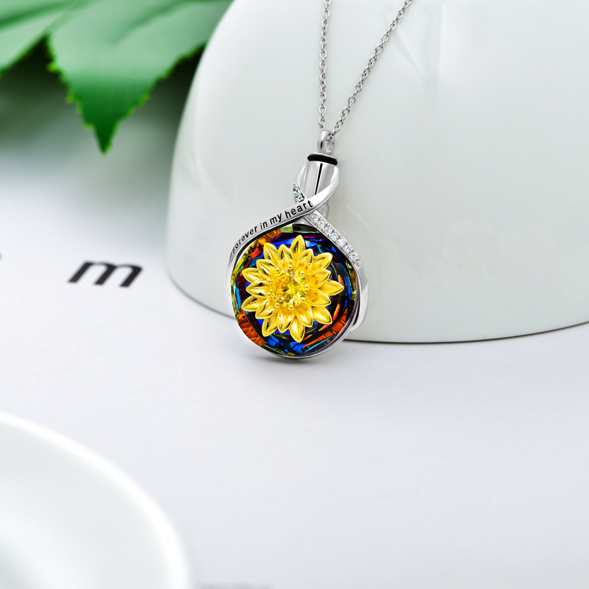 Collar de plata de ley con dos tonos de cristal girasol y símbolo infinito para cenizas con palabra grabada-3