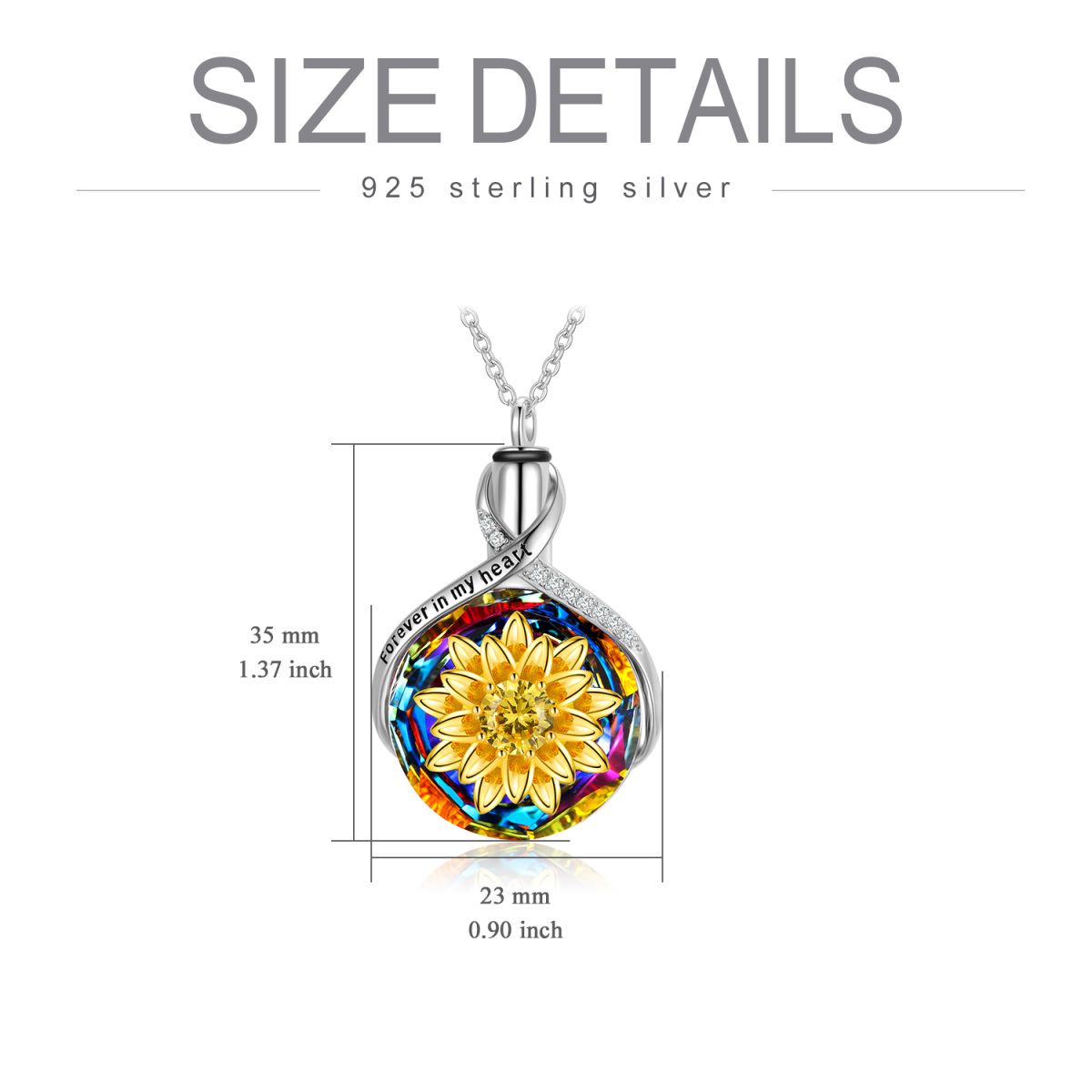 Collar de plata de ley con dos tonos de cristal girasol y símbolo infinito para cenizas con palabra grabada-6