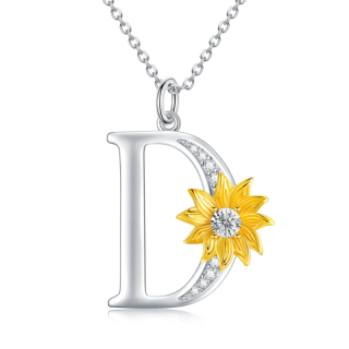 Sterling Silver Two-tone Crystal Sunflower Pendant Necklace-2