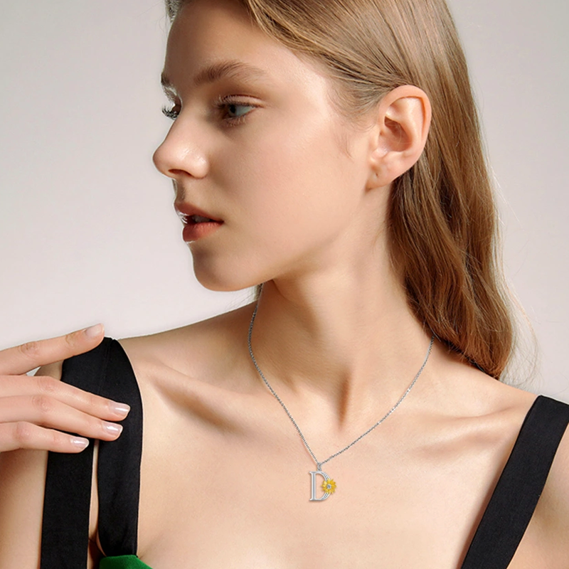 Sterling Zilveren Tweekleurige Kristallen Zonnebloem Hanger Ketting-2