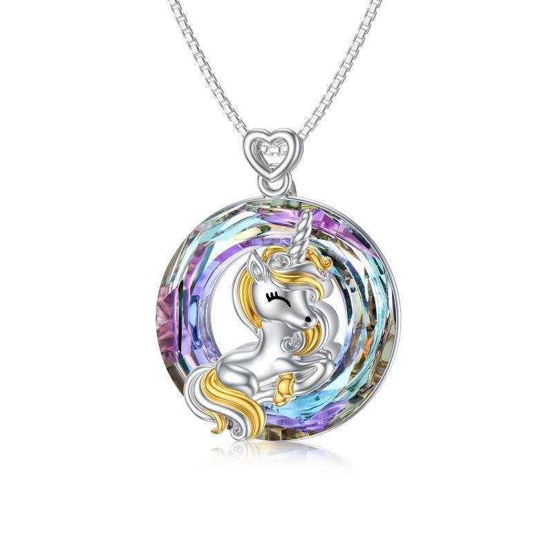 Sterling Silver Two-tone Crystal Unicorn Pendant Necklace-1