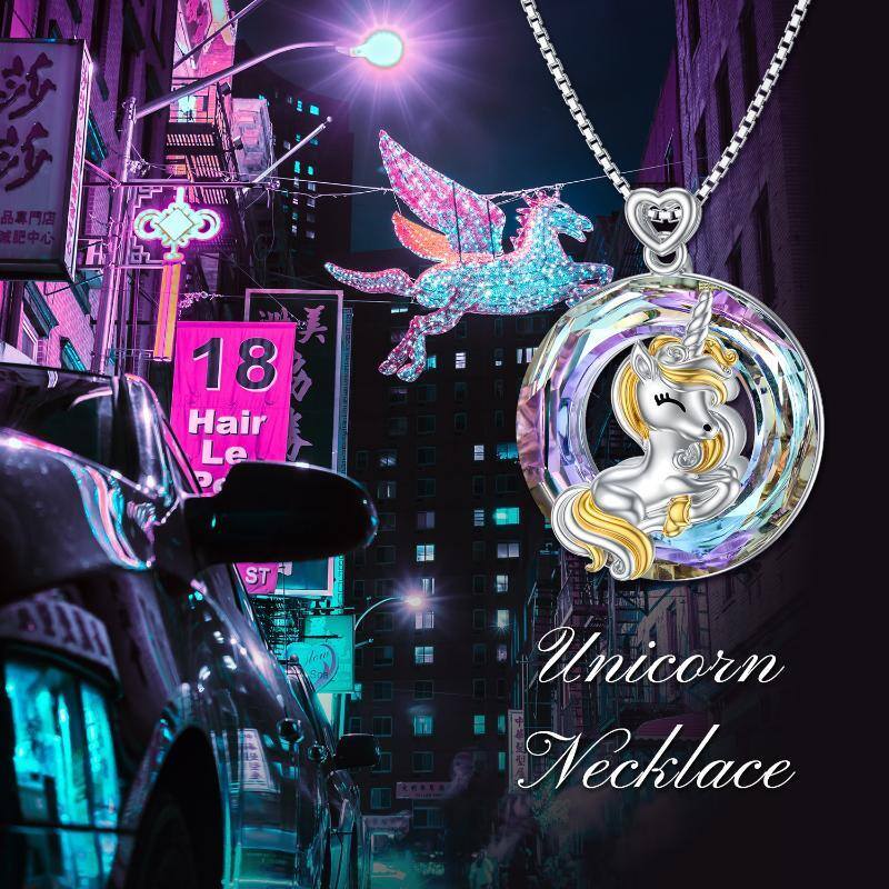 Sterling Silver Two-tone Crystal Unicorn Pendant Necklace-3