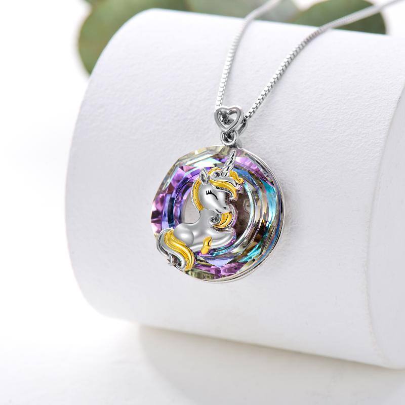 Sterling Silver Two-tone Crystal Unicorn Pendant Necklace-4