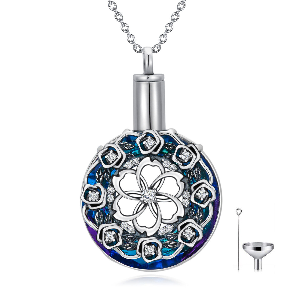 Sterling Silver Two-tone Crystal Wildflowers Urn Necklace for Ashes-1