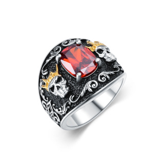 Sterling Silver Two-tone Cushion Cut Red Cubic Zirconia Crown Skull Ring for Men-18