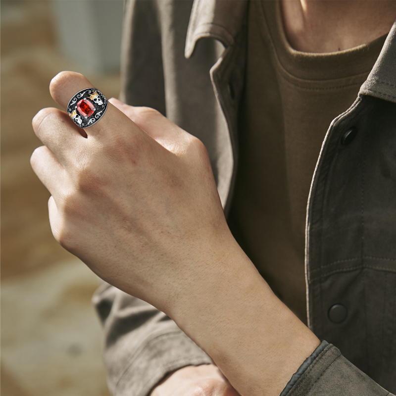 Sterling Silver Two-tone Cushion Cut Red Cubic Zirconia Crown Skull Ring for Men-2