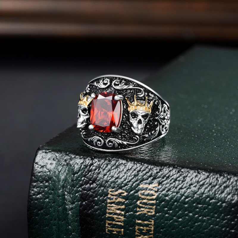 Sterling Silver Two-tone Cushion Cut Red Cubic Zirconia Crown Skull Ring for Men-3