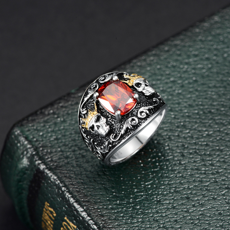 Sterling Silver Two-tone Cushion Cut Red Cubic Zirconia Crown Skull Ring for Men-4